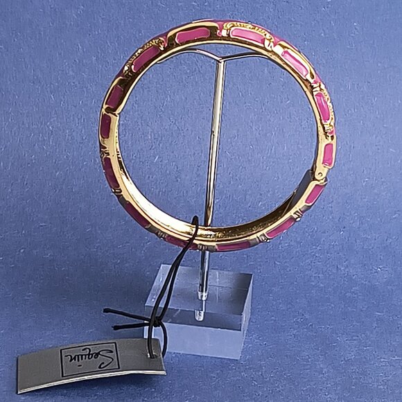 H Pattern Rhinestone Enamel Hinge Bangle Clamper Bracelet Gold Tone - Picture 4 of 6